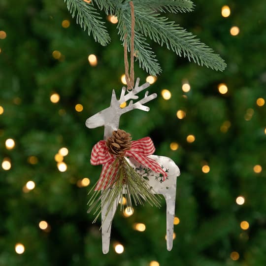 6.25" Silver Metal Reindeer Christmas Ornament With Red Gingham Bowtie & Pine By Northlight | 6.25" x 3.5" x 1" | Michaels®